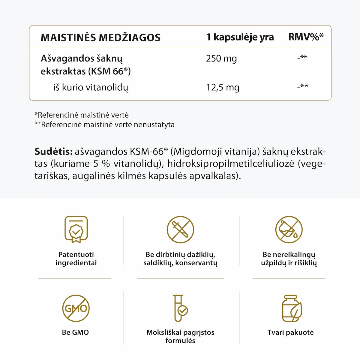Ašvaganda KSM-66 sudėtis lentelė, maistinės medžiagos kapsulėje