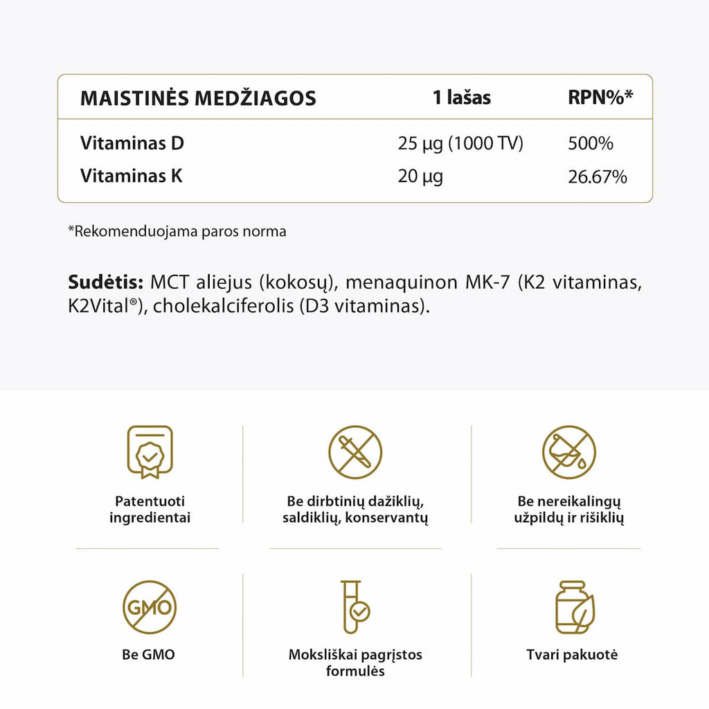 Maisto papildo su vitaminai D ir K sudėtis