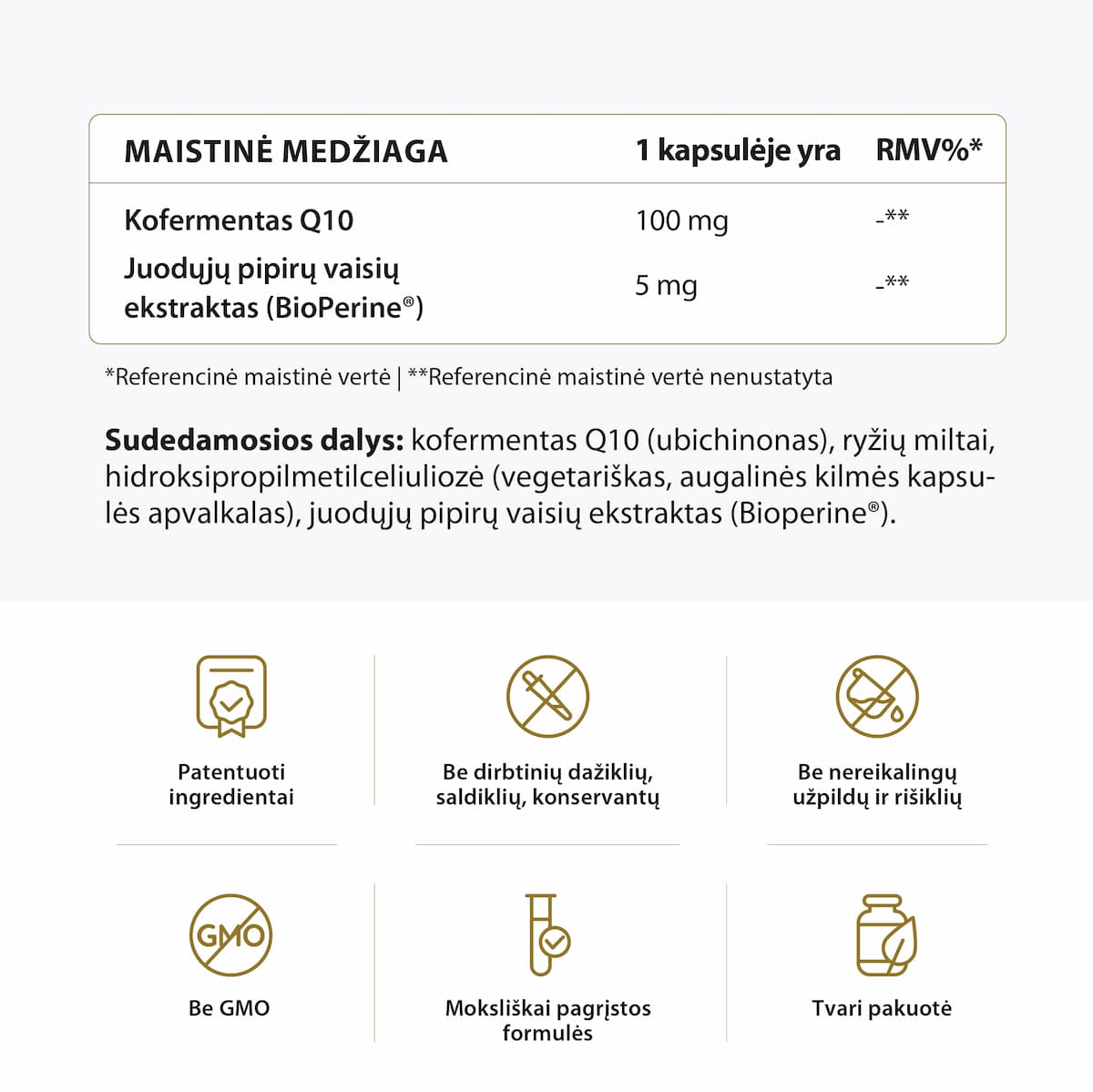 Naturalaus kofermento Q10  papildo sudėtis