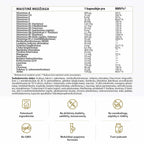 SUdedamosios dalys: vitaminai A, D3, E, K, C, B, Geležis, Cinkas, Manganas, Kofermentas Q10, Chromas, Selenas,Jodas