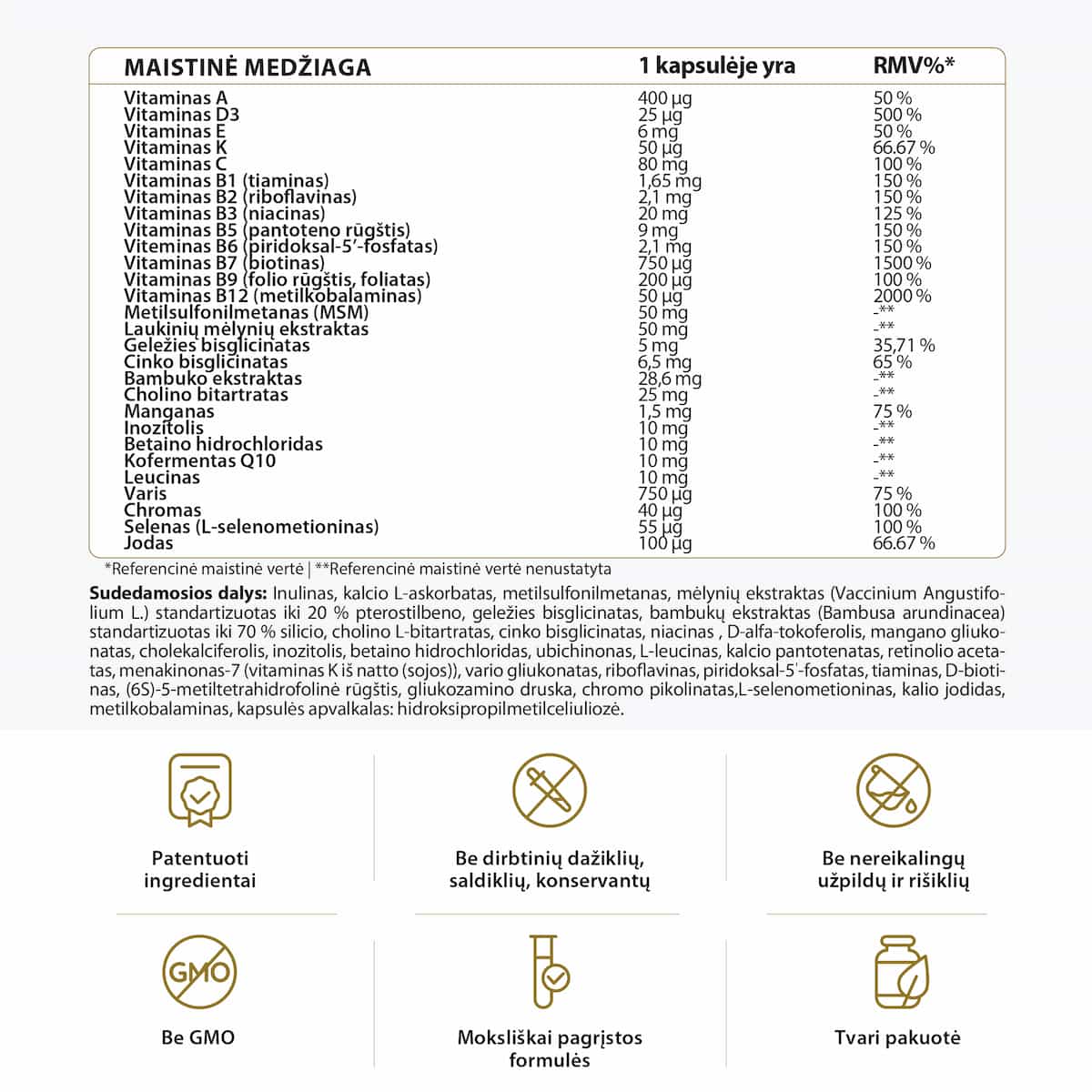 SUdedamosios dalys: vitaminai A, D3, E, K, C, B, Geležis, Cinkas, Manganas, Kofermentas Q10, Chromas, Selenas,Jodas