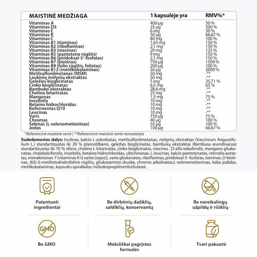 SUdedamosios dalys: vitaminai A, D3, E, K, C, B, Geležis, Cinkas, Manganas, Kofermentas Q10, Chromas, Selenas,Jodas